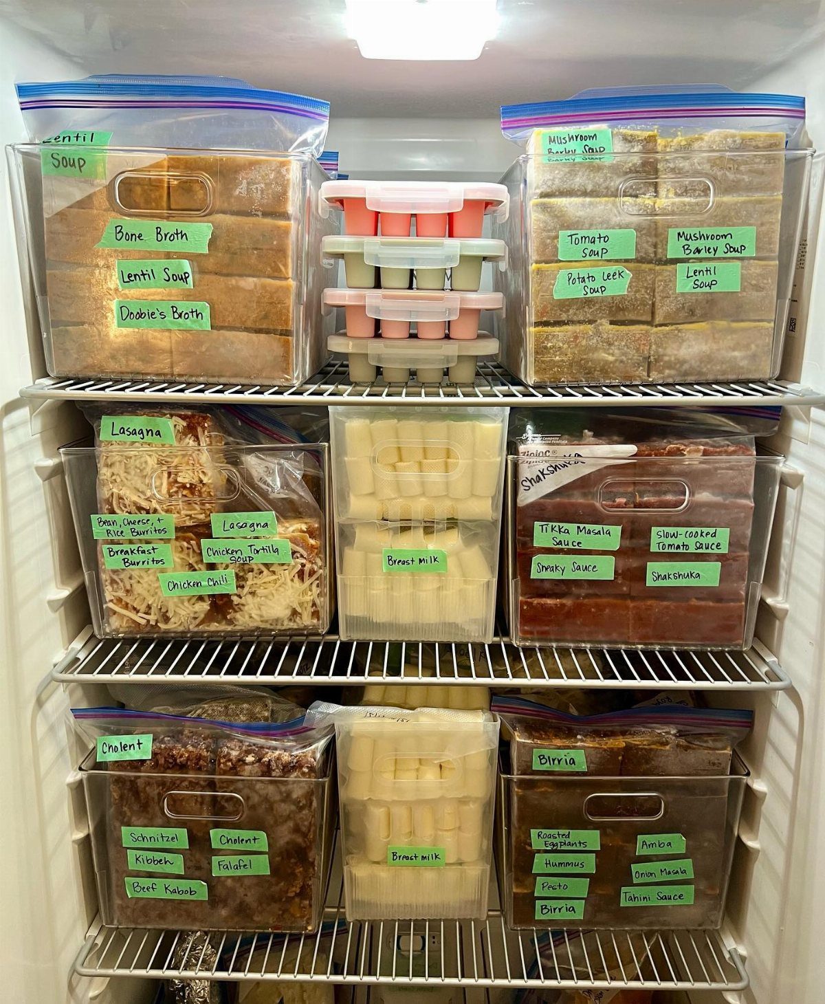 Organized freezer shelves containing labeled clear containers and bags filled with various frozen meals.