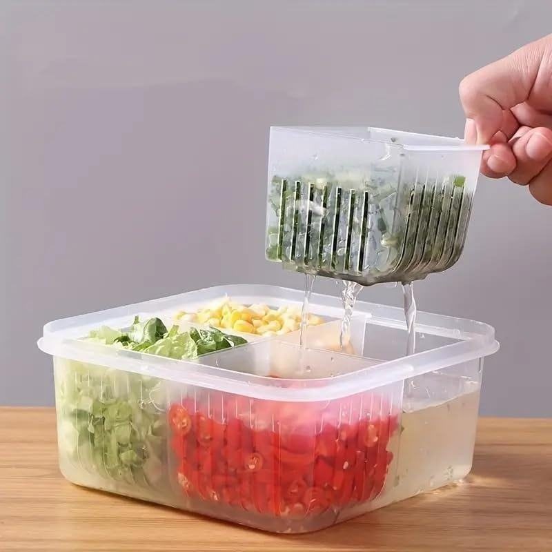 A hand draining chopped green vegetables from a strainer into a divided clear storage container.