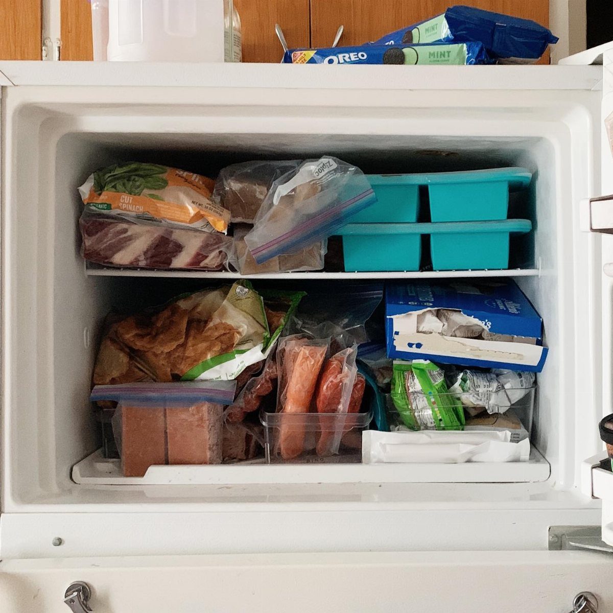 A small white freezer filled with various frozen food packages and blue plastic storage bins.