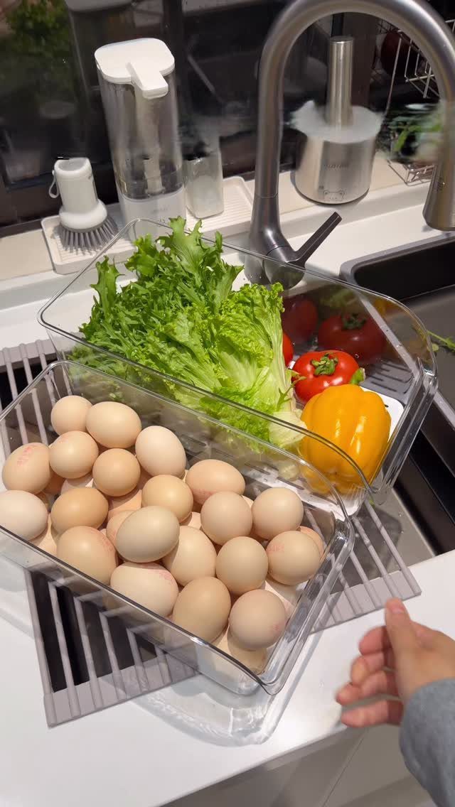Clear plastic bins filled with fresh lettuce, tomatoes, and brown eggs held over a kitchen sink.