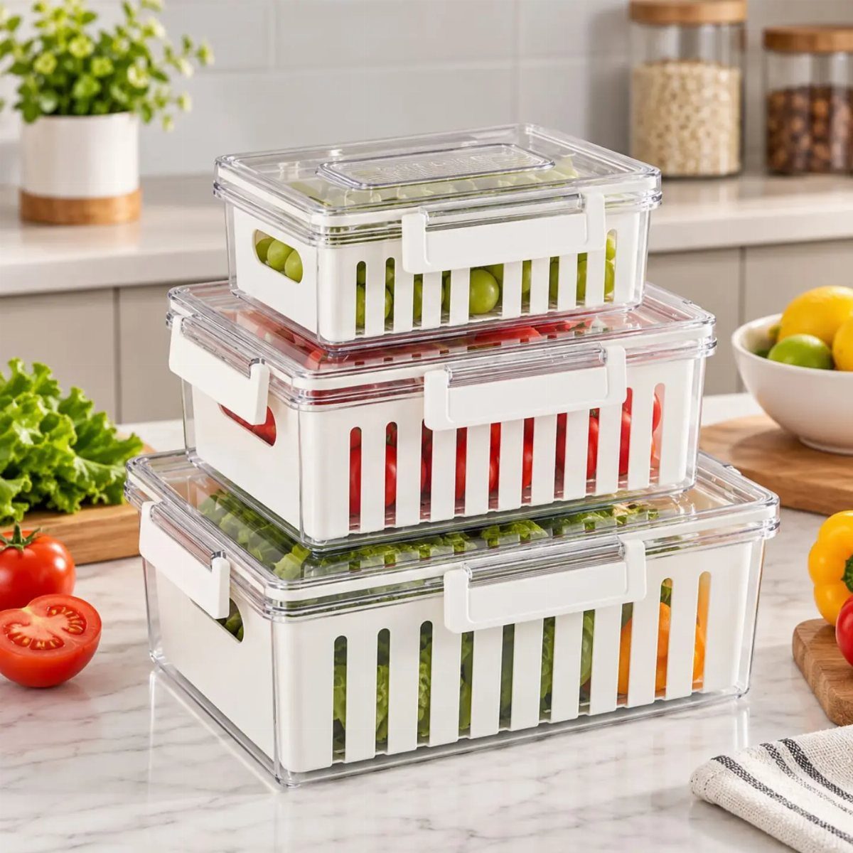 Three stacked clear plastic storage bins containing fresh fruits and vegetables on a marble surface.