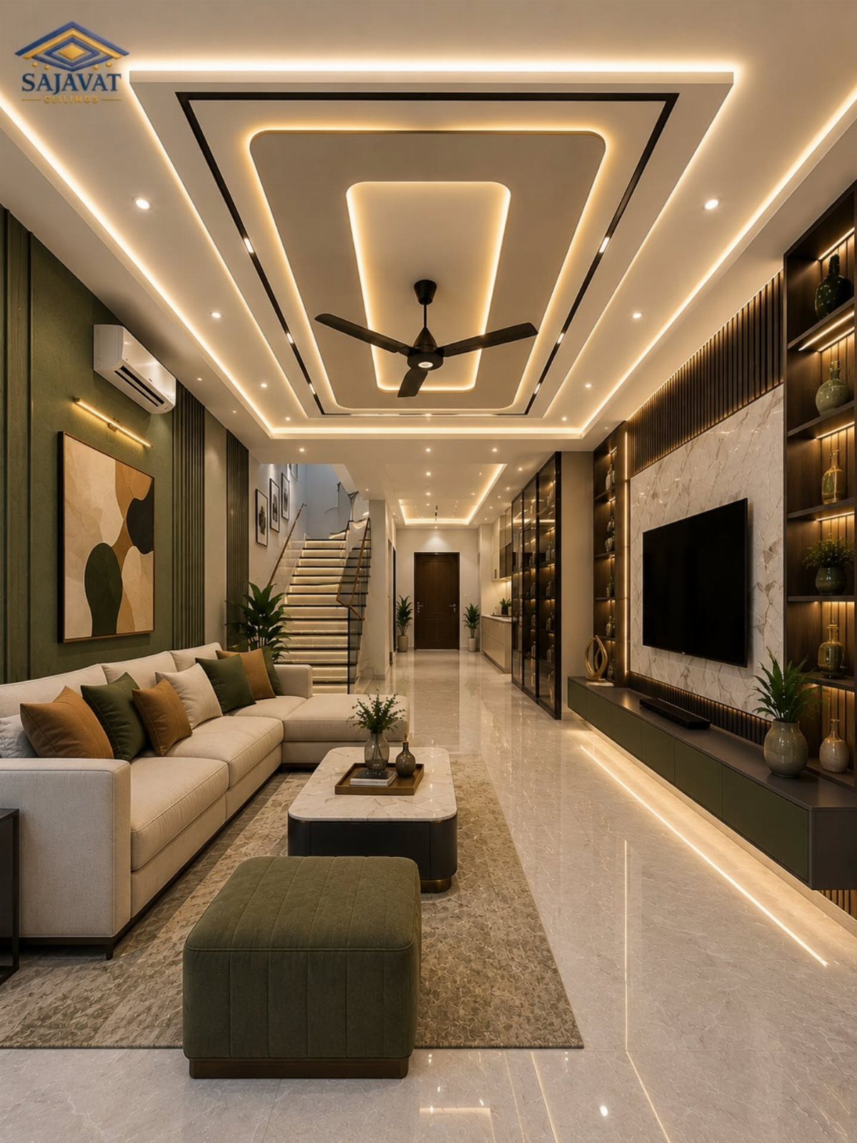 Modern living room with intricate recessed ceiling lighting and a black ceiling fan.
