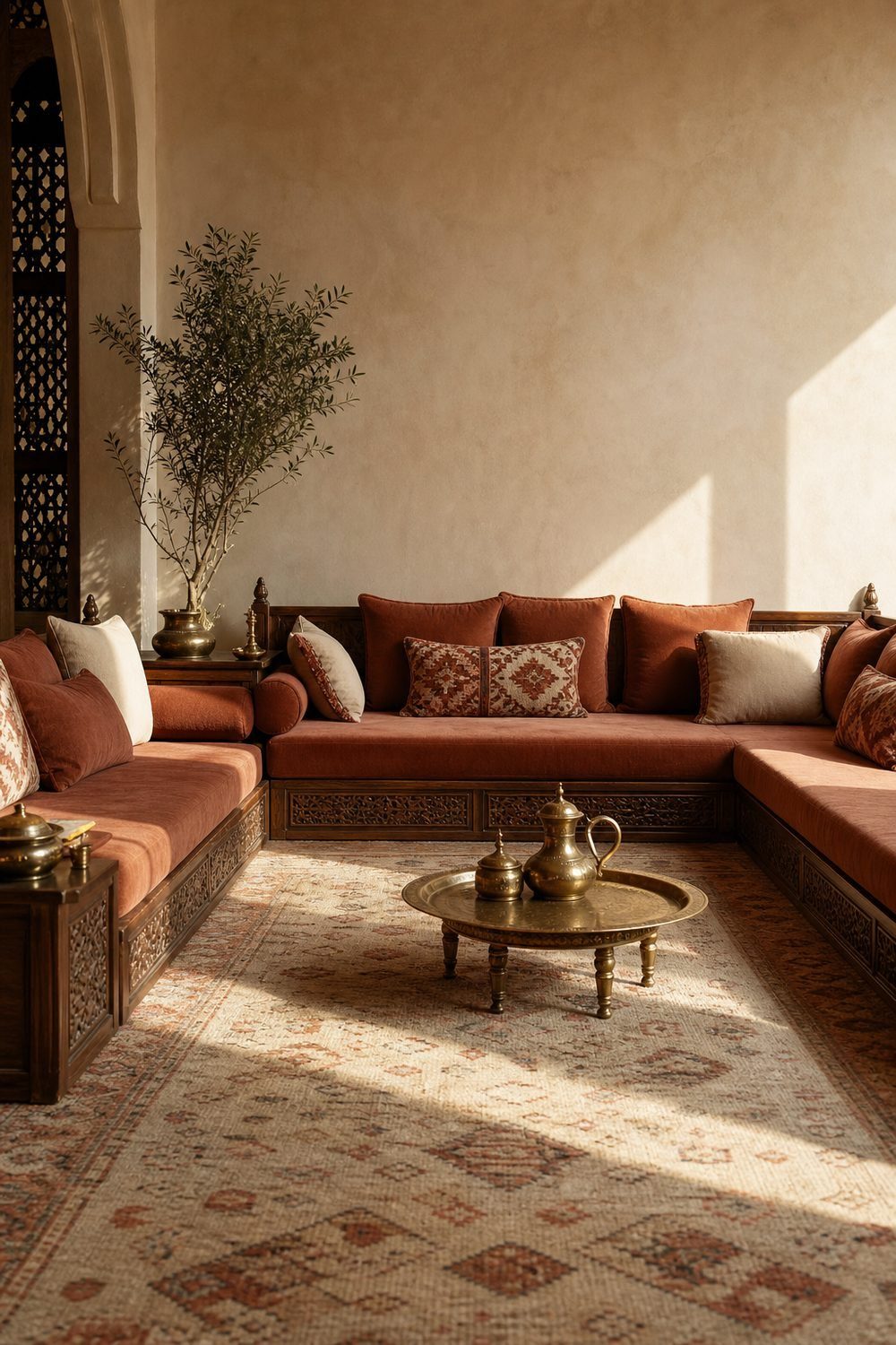 Low wooden seating with terracotta cushions and a brass coffee table on a patterned rug.