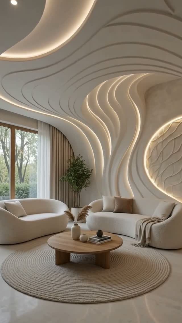 Sculptural wavy walls and ceiling with integrated warm LED lighting in a modern living room.