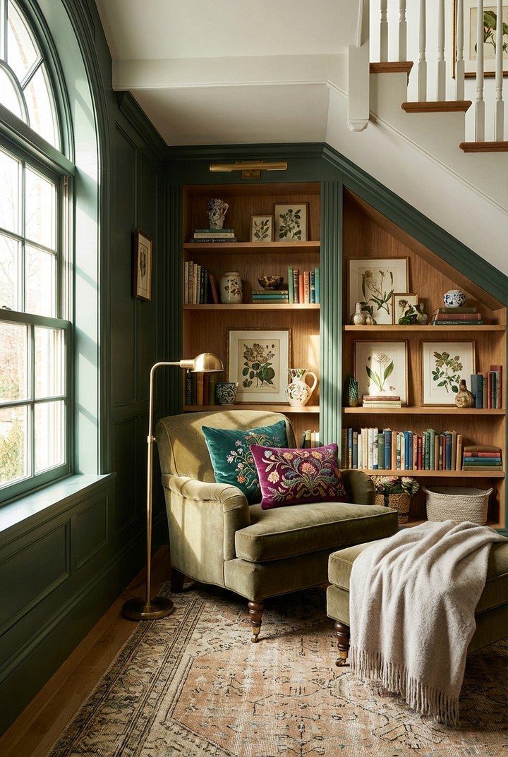 A green velvet armchair with colorful pillows sits in a reading nook under a sloped ceiling with bookshelves.