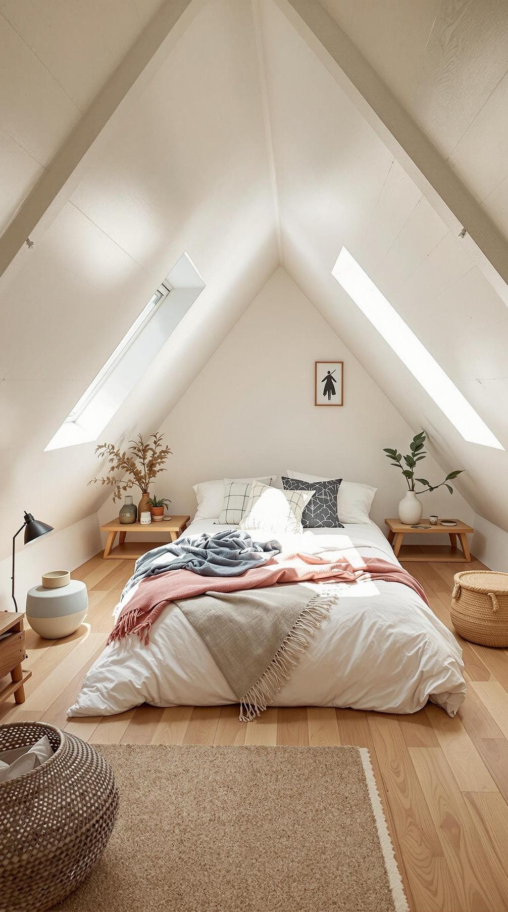 A cozy attic bedroom featuring a bed positioned directly under the peaked, sloped white ceiling.