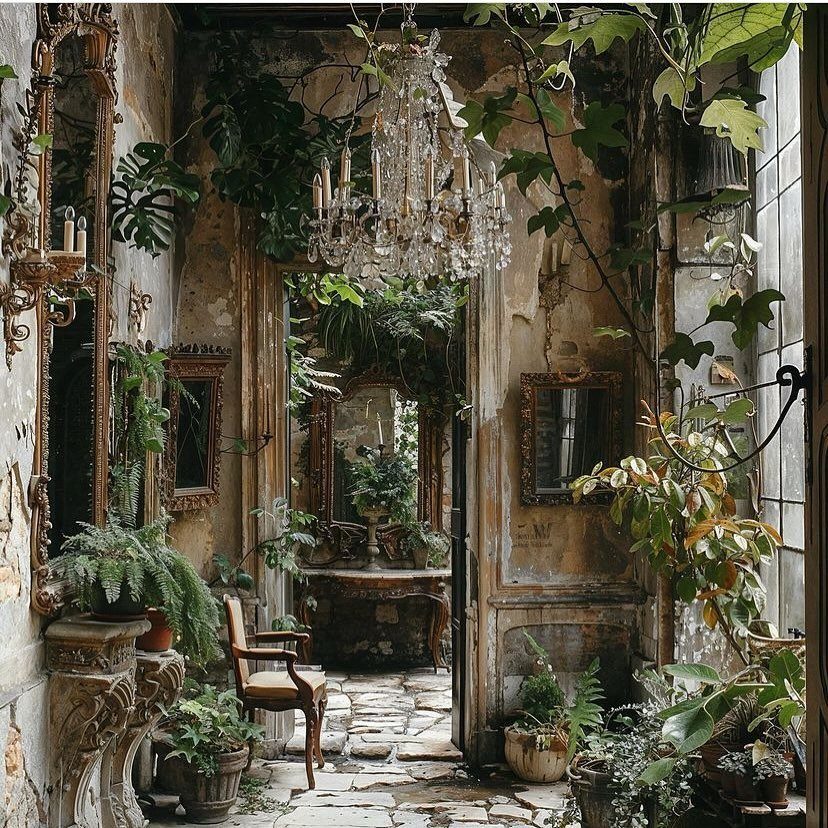 Ornate vintage room filled with lush green plants, crystal chandeliers, and antique mirrors.