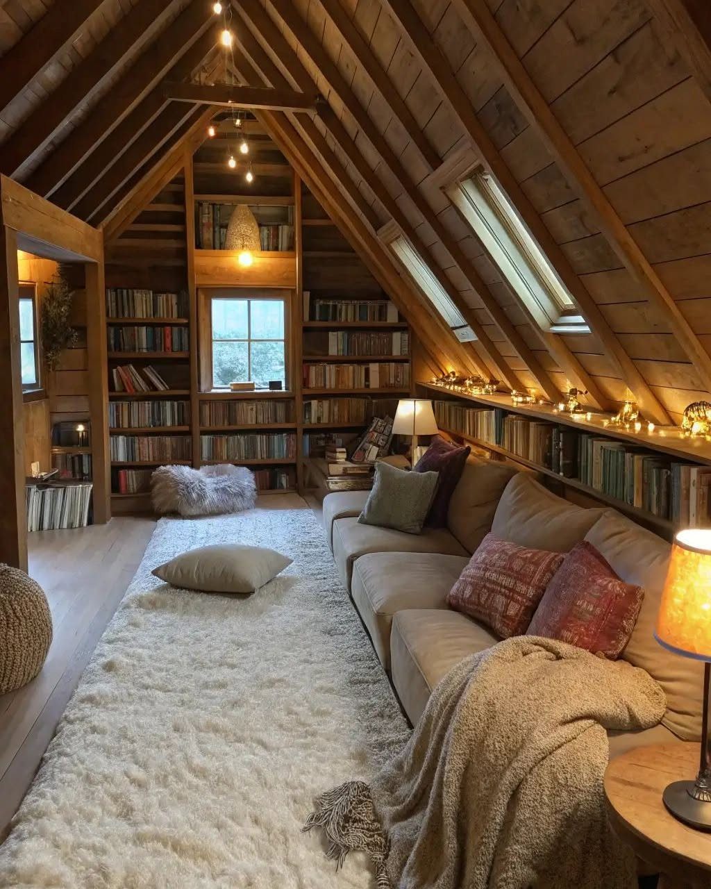 A cozy attic room with wood walls, a long sofa, built-in bookshelves, and warm ambient lighting.