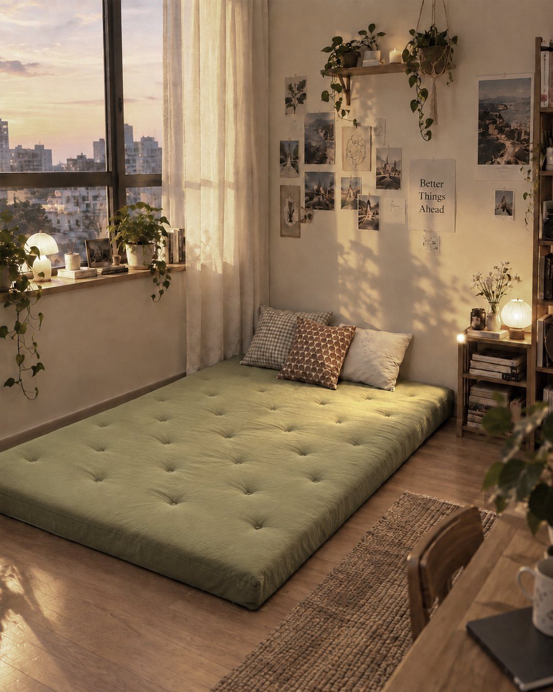 A green floor mattress with decorative pillows sits by a large window with city views.