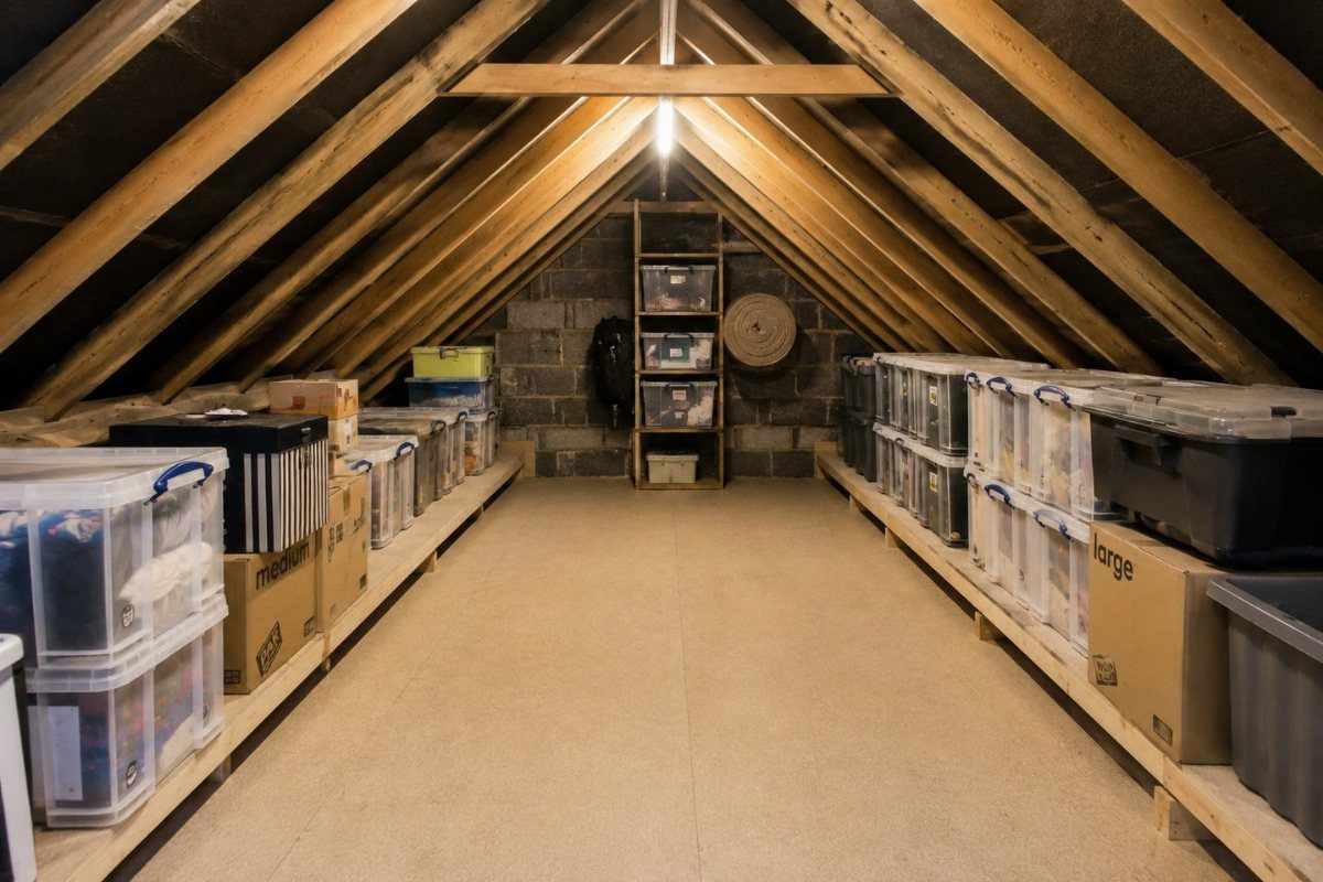 Wooden attic storage space with sloped beams and shelves filled with plastic bins and boxes.