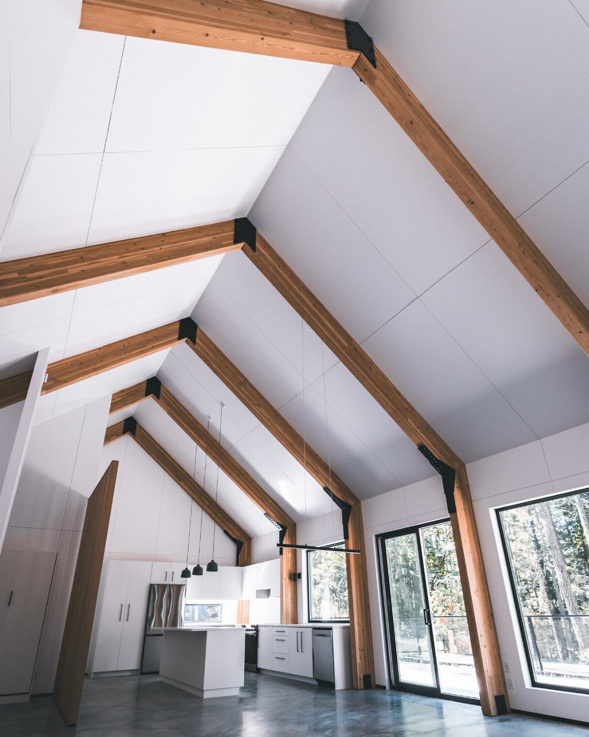 Exposed natural wood beams supporting a white vaulted ceiling in a modern minimalist room.