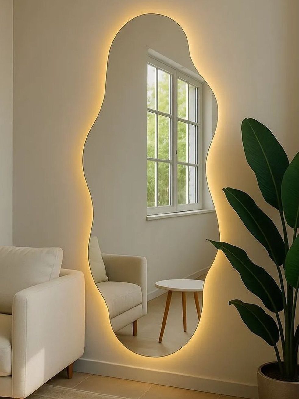 A large wavy backlit mirror reflecting a window and white furniture in a bright room.