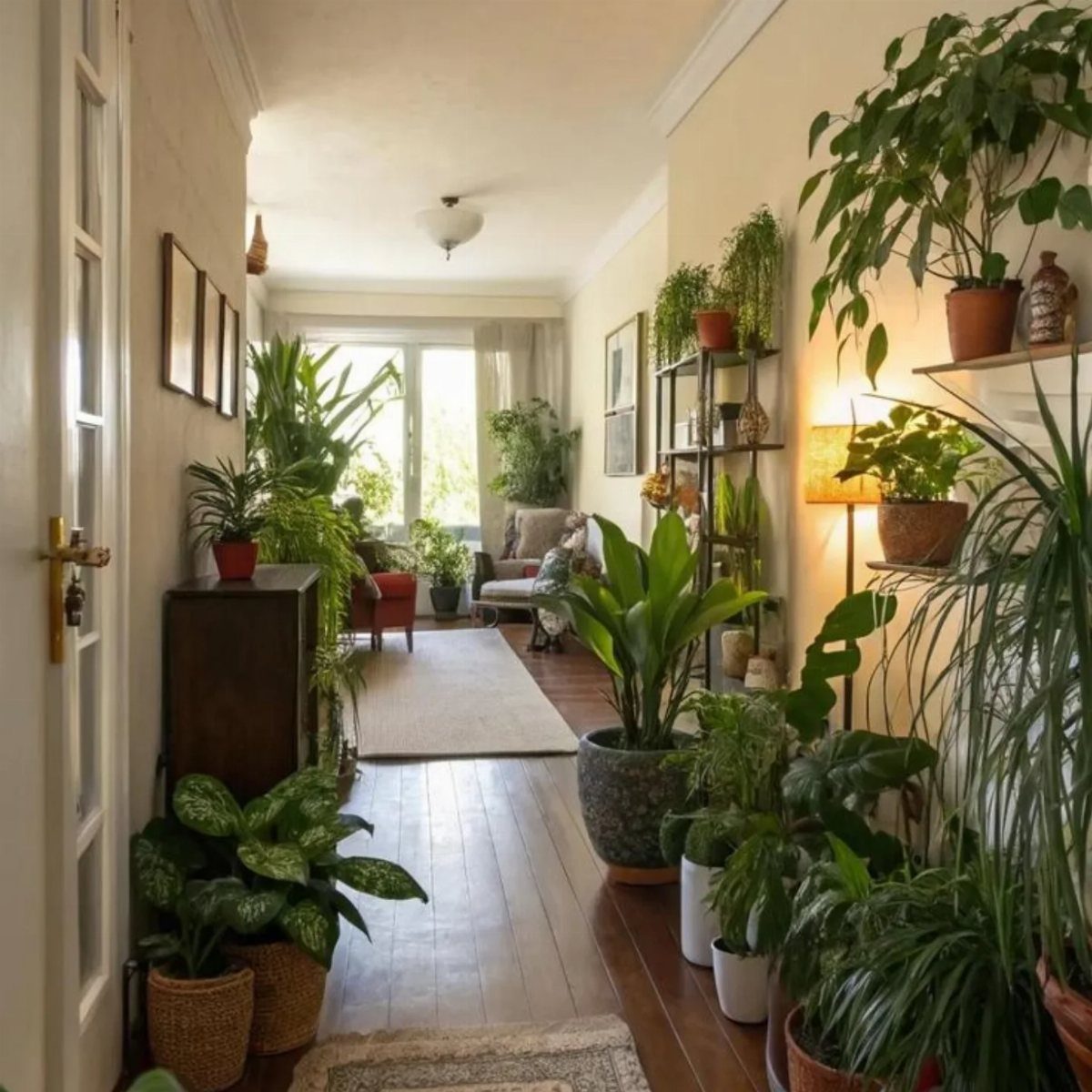 Numerous green potted plants lining a bright hallway with wooden floors and light walls.