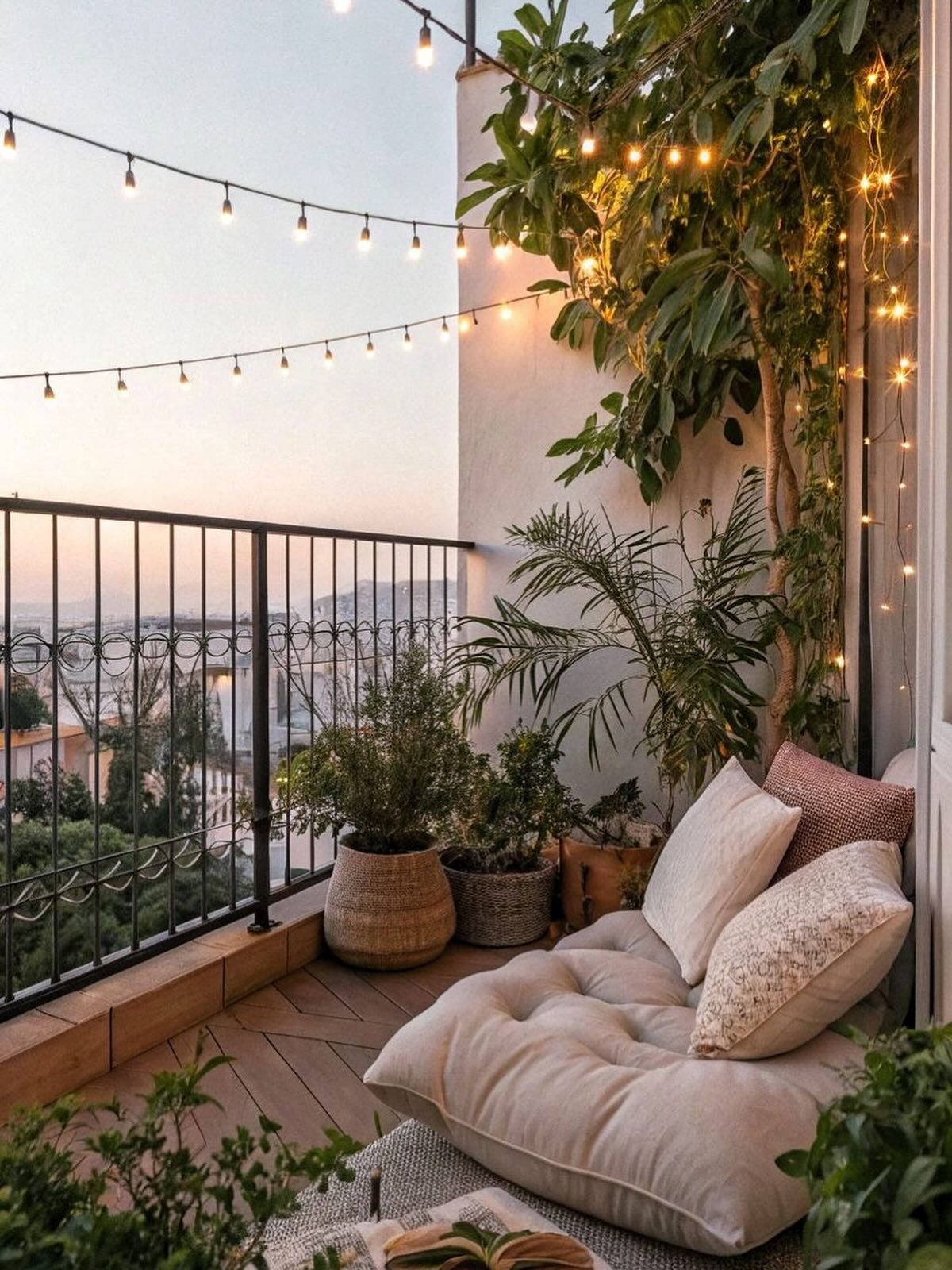 Cream floor cushions and pillows arranged on a cozy balcony with string lights and plants.