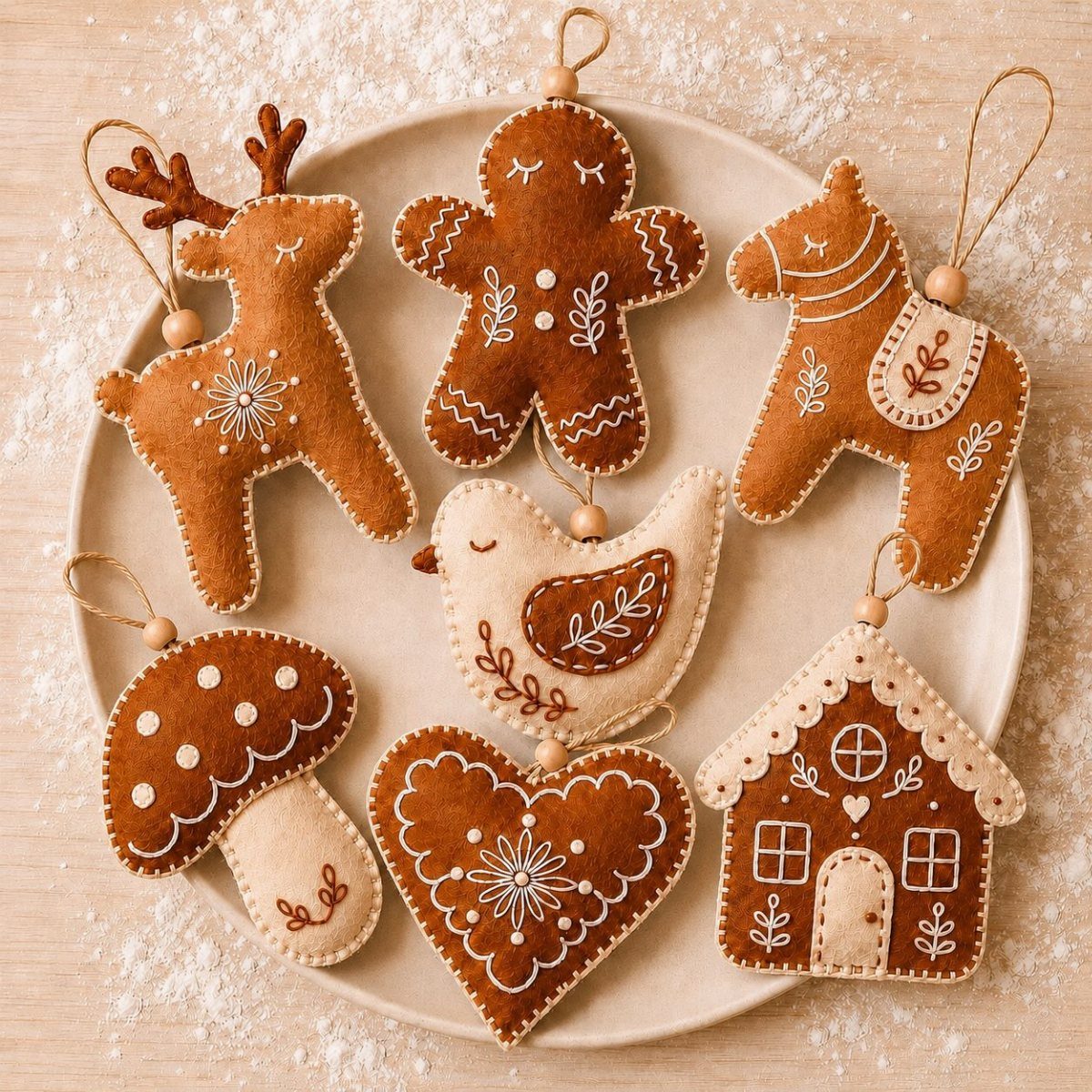 Gingerbread-themed felt ornaments arranged on a plate with faux snow scattered around.