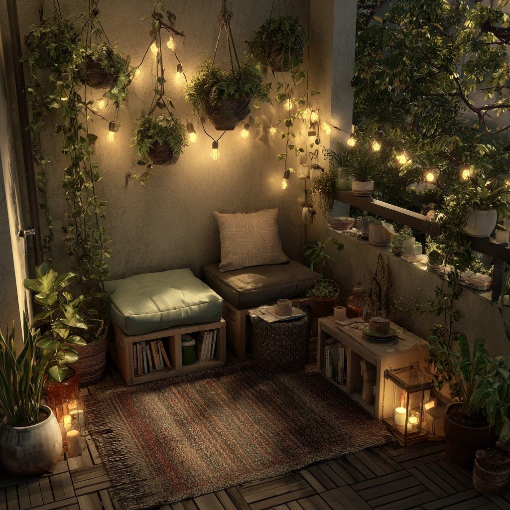 Cozy balcony at night with hanging plants, string lights, floor lanterns, and a small seating area.