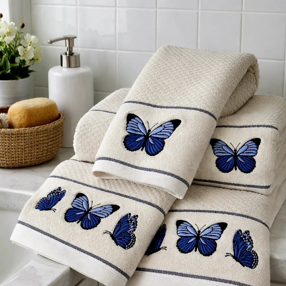 Cream textured hand towels with blue butterfly embroidery stacked on a white bathroom counter.