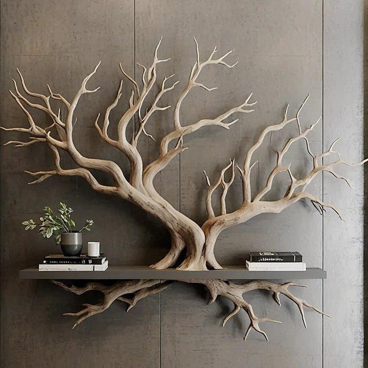 Large sculptural driftwood piece mounted on a grey wall acting as a decorative shelf.