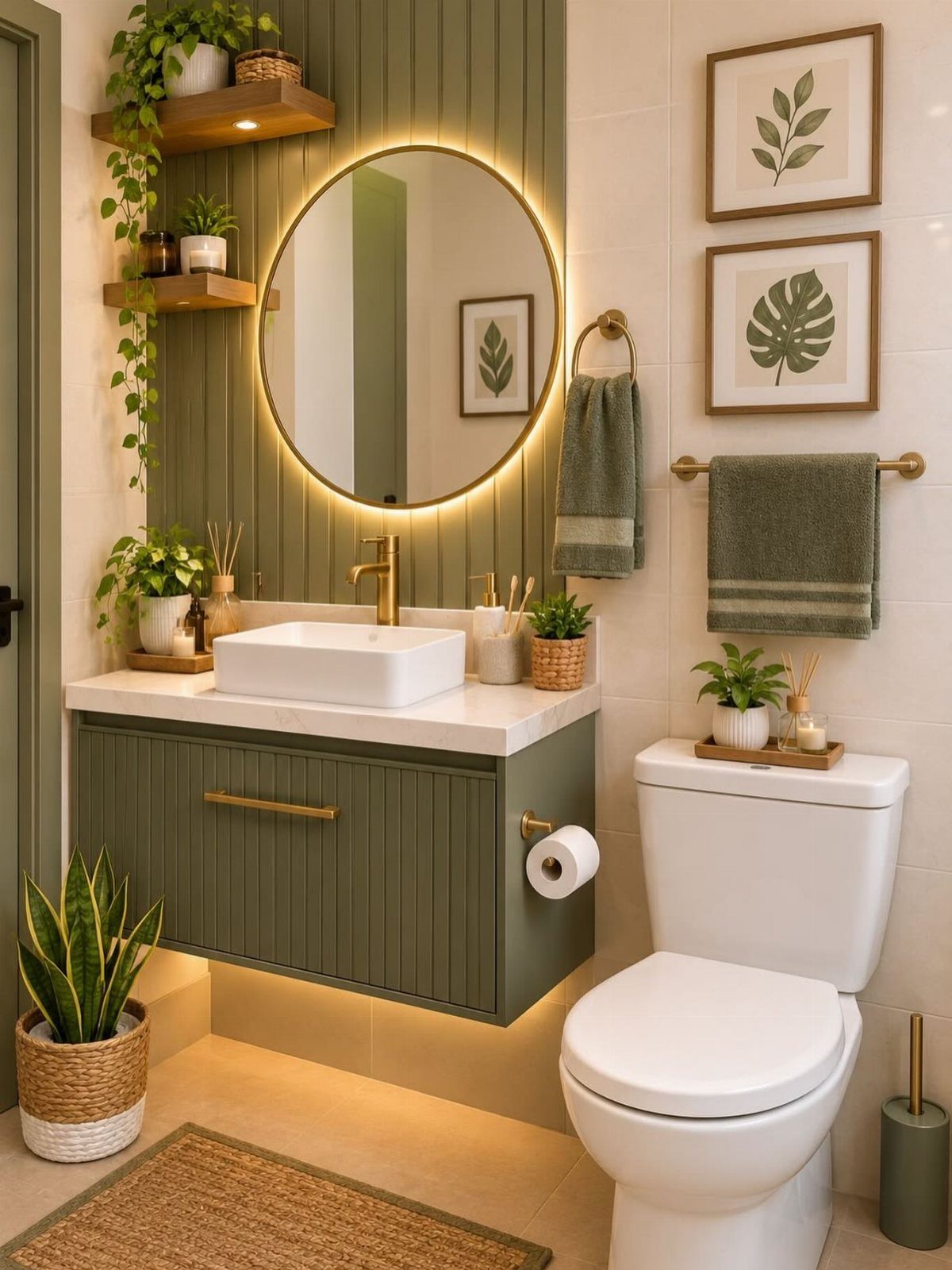Gold faucet on a white vessel sink in a sage green coastal bathroom.