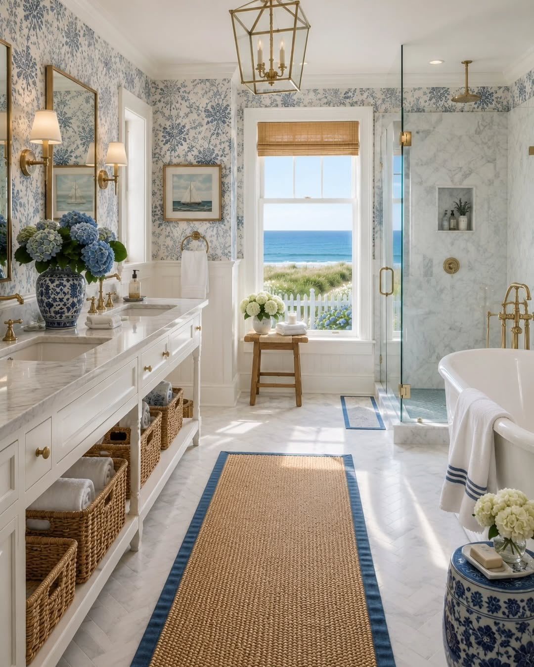 Bright coastal bathroom with blue floral wallpaper, white marble vanity, and ocean view through a window.
