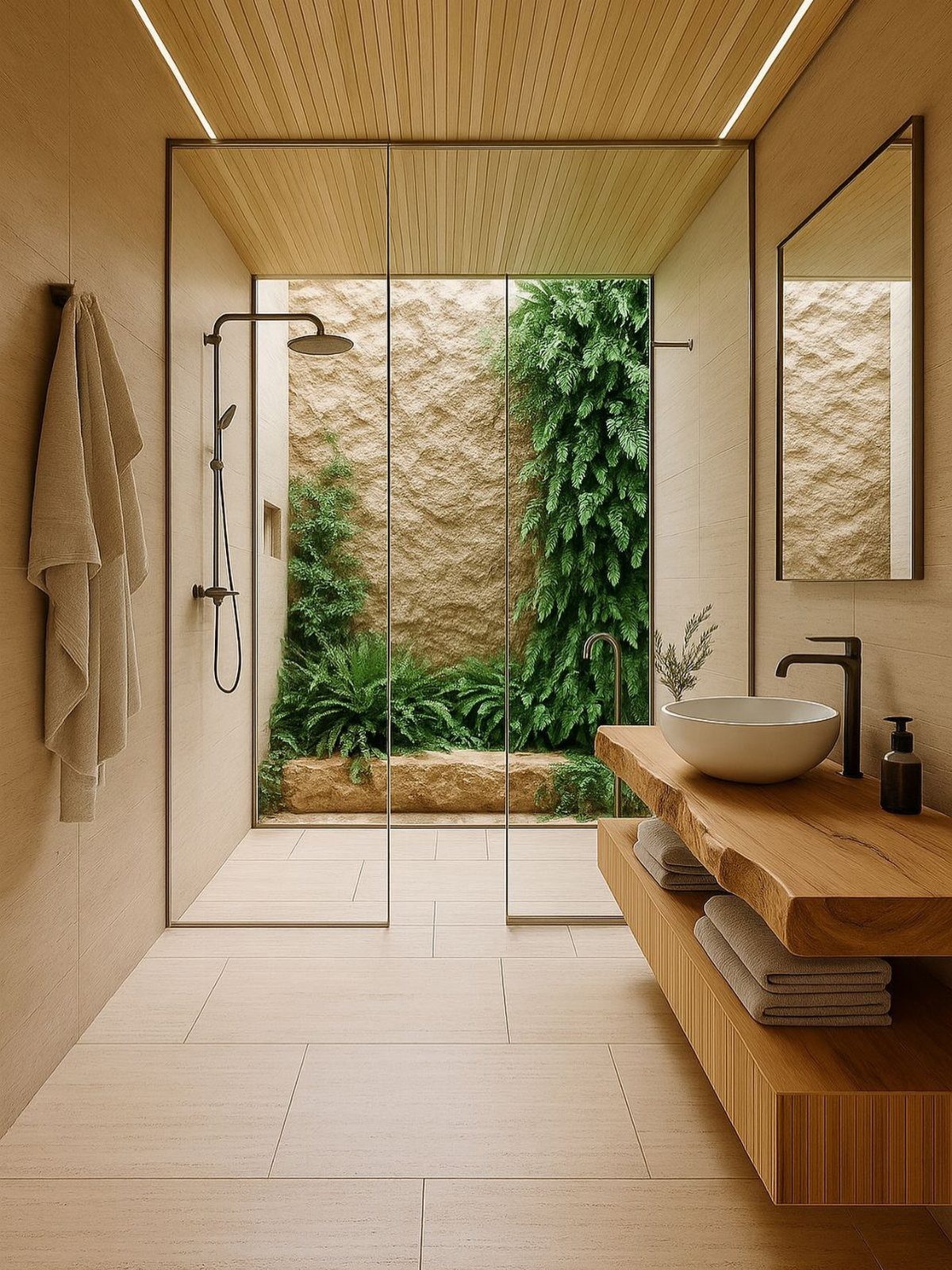 Modern bathroom with a live-edge wood vanity, stone walls, and a glass shower looking into a garden.