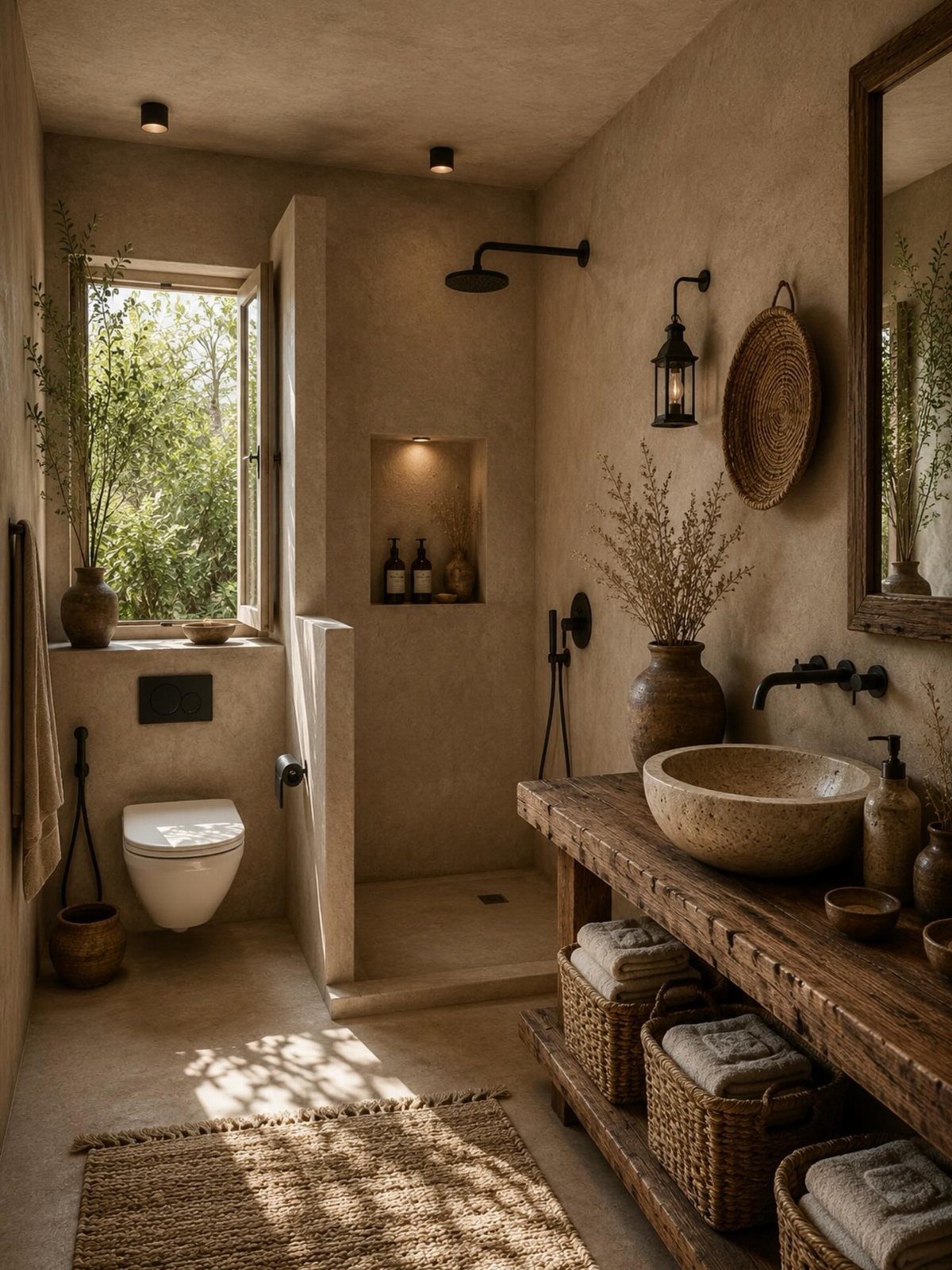 Rustic bathroom with a wooden vanity, stone sink, woven baskets, and a textured plaster interior.