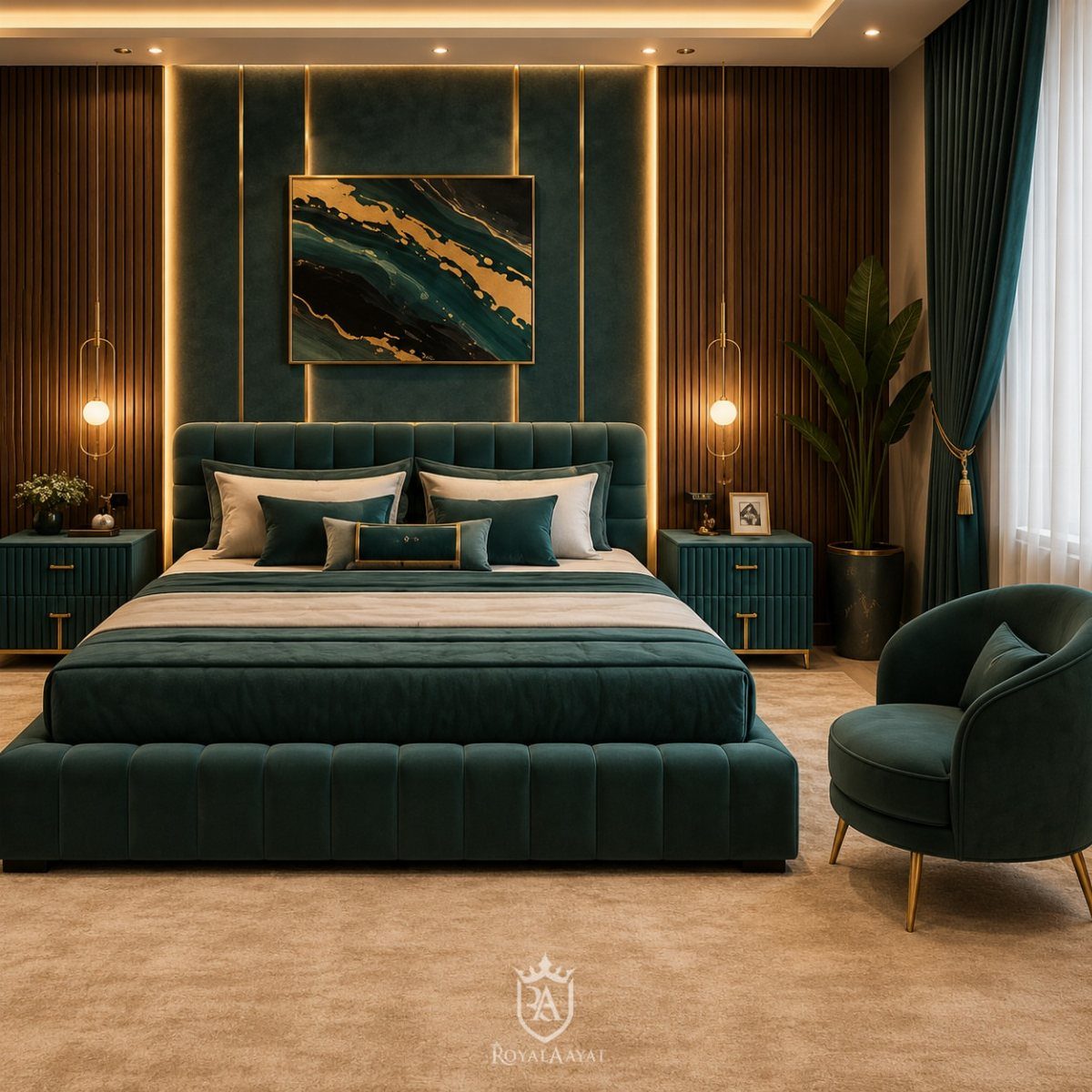 Luxurious bedroom with a deep teal accent wall, velvet bed, and gold decorative accents.