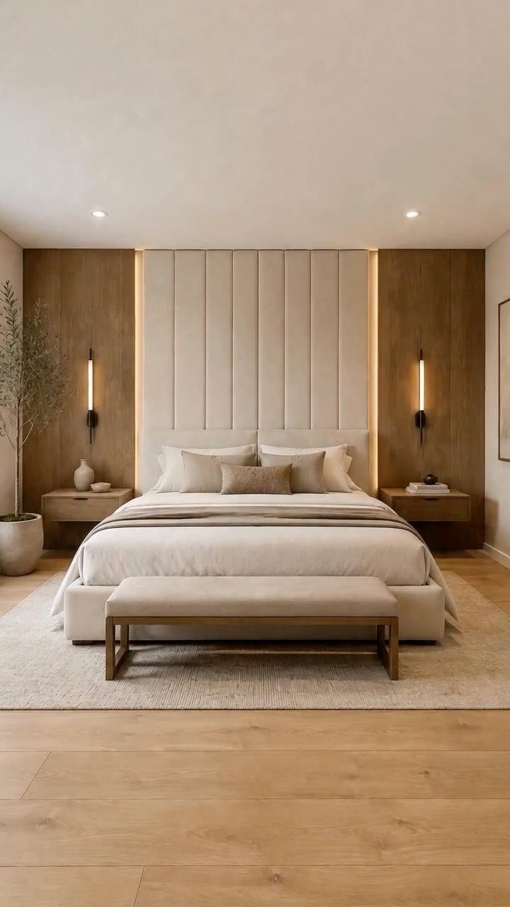 Large beige upholstered vertical channel tufted headboard centered in a modern bedroom setting.
