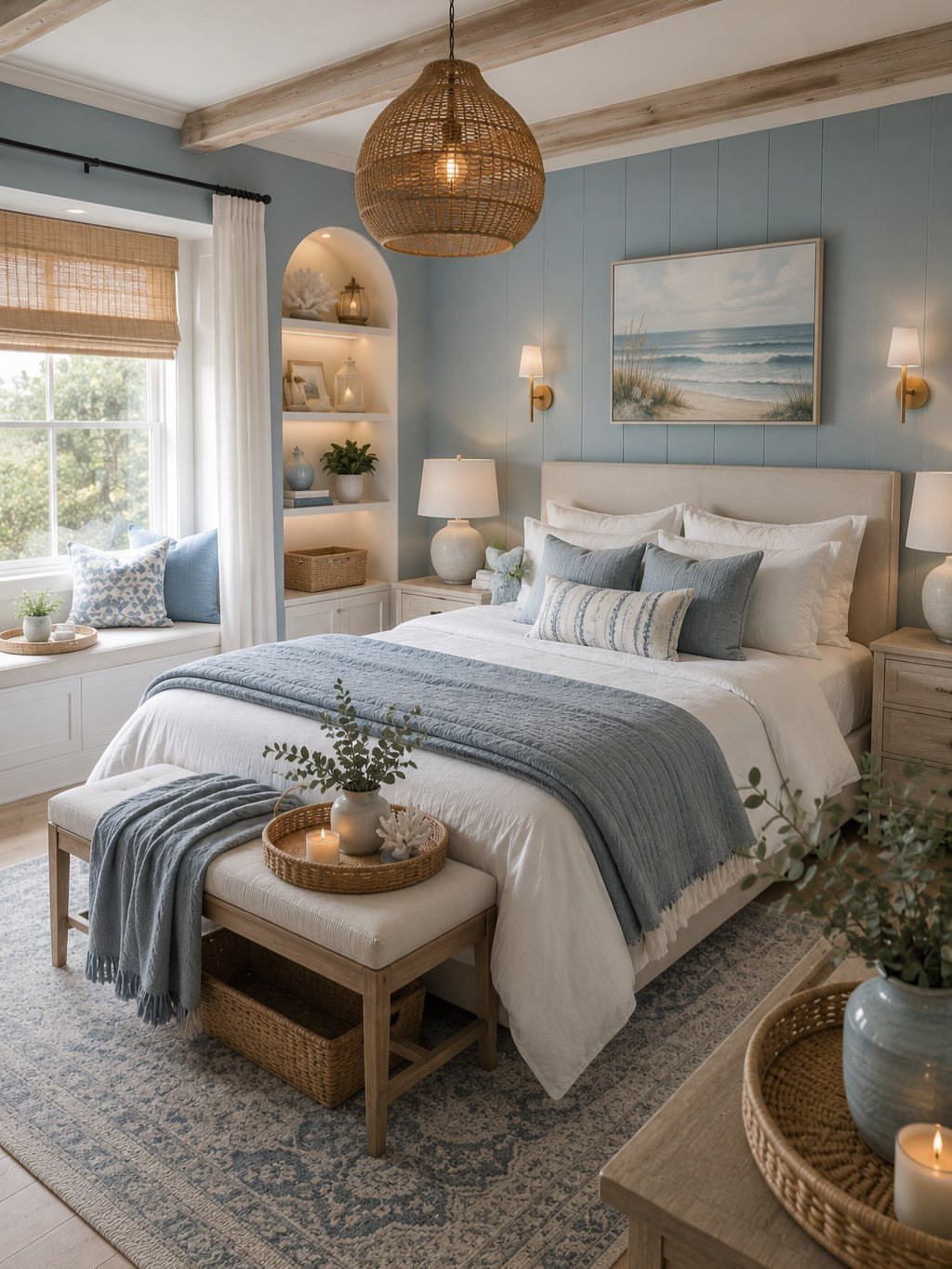 A coastal bedroom with a light blue paneled accent wall, white bedding, and woven decor.