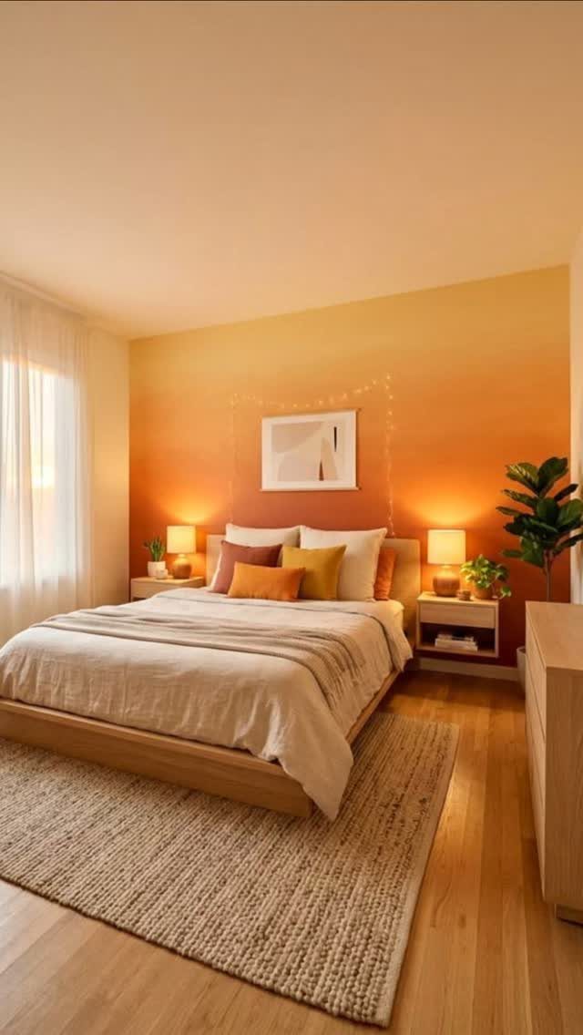 Bedroom with an orange and yellow ombre gradient accent wall and wooden bed.