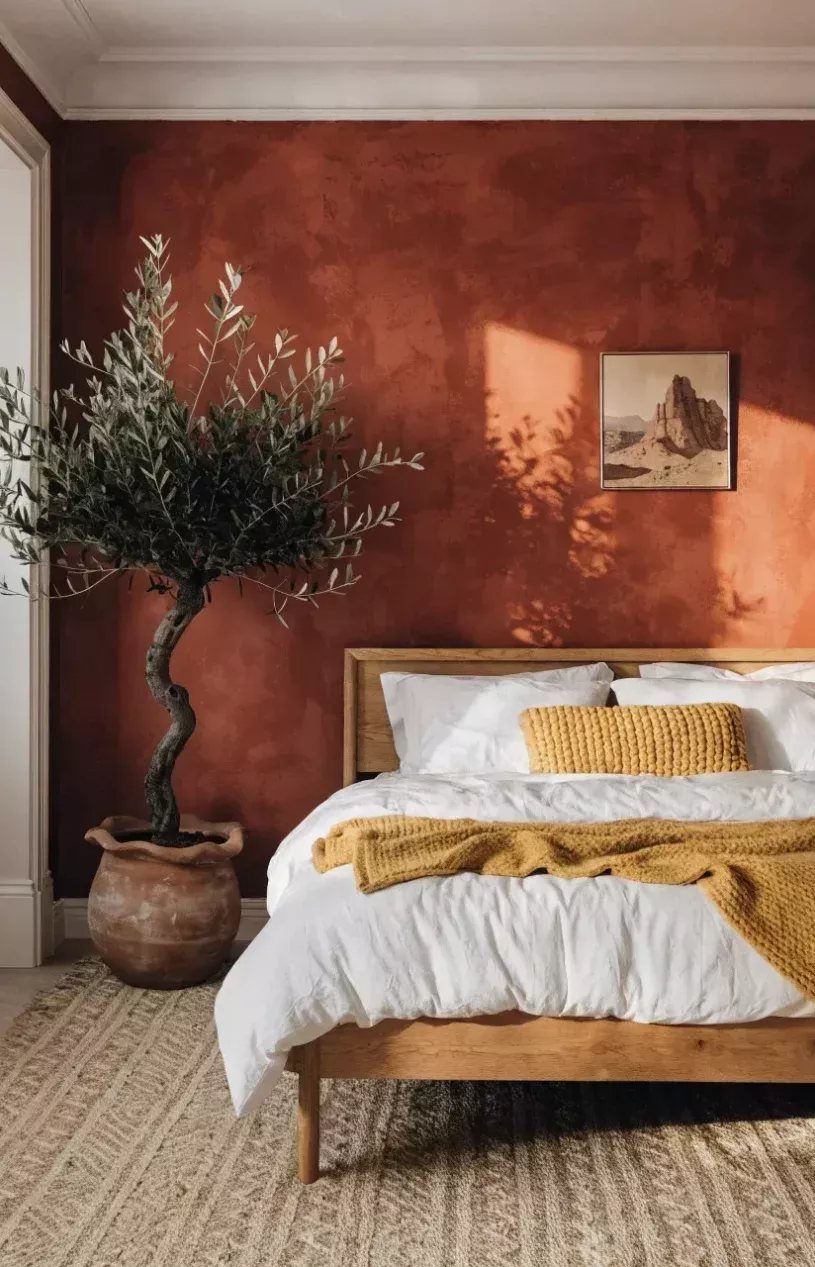 Terracotta textured accent wall behind a wooden bed with white linens and a potted olive tree.