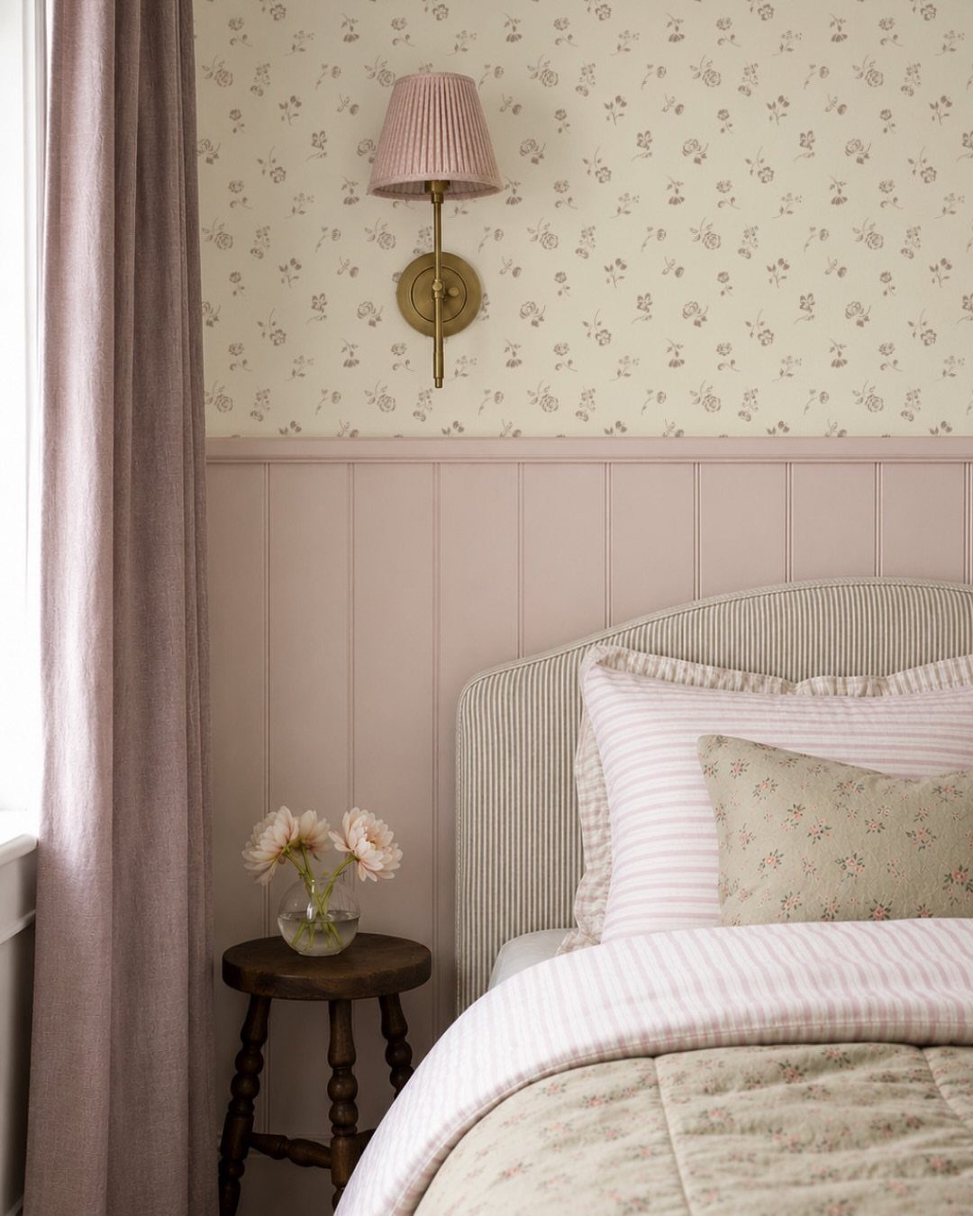 Floral patterned wallpaper and pink wood paneling in a bedroom setting with a bed.