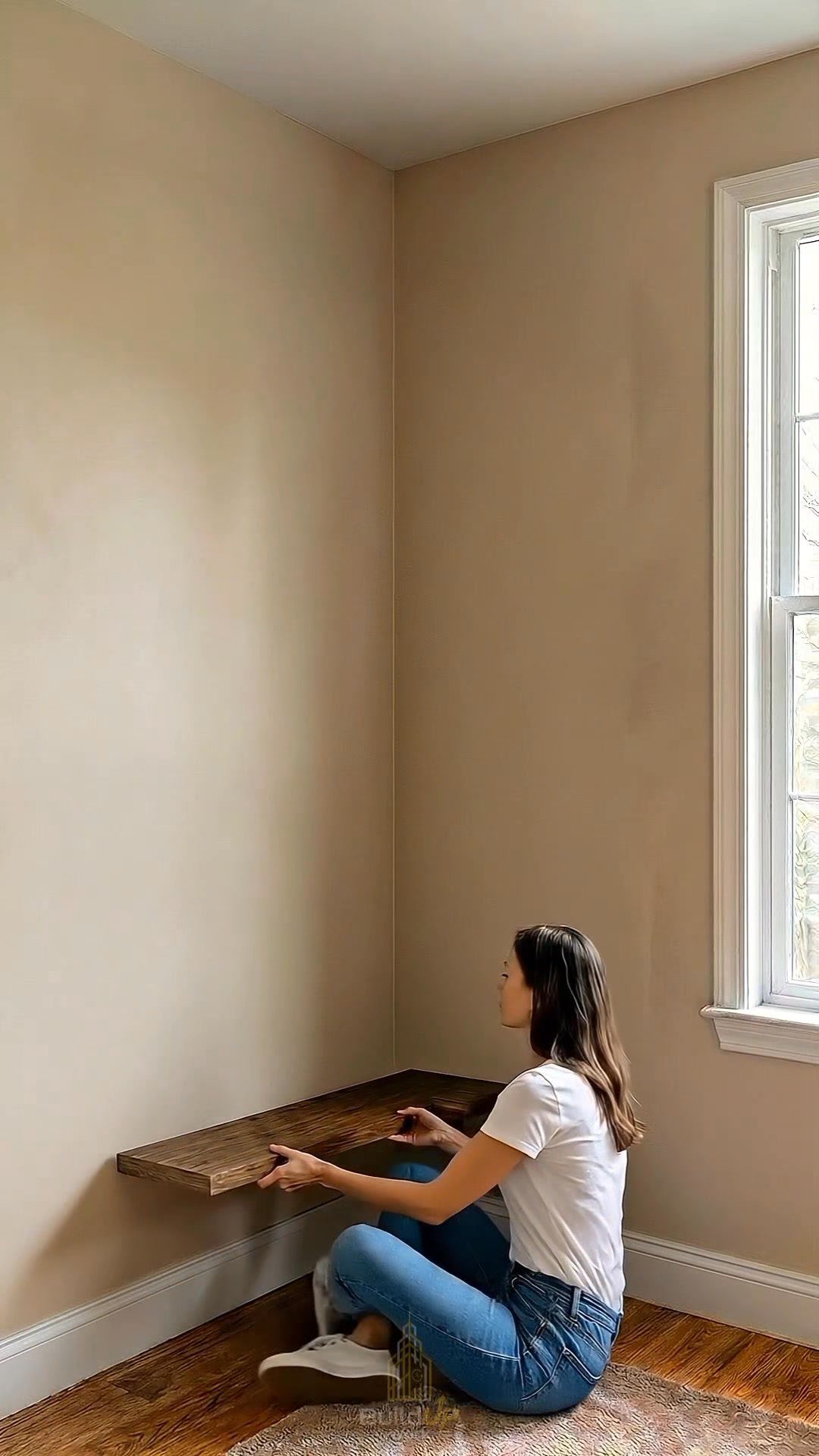 A woman installing a dark wooden floating shelf into a corner of a beige room.