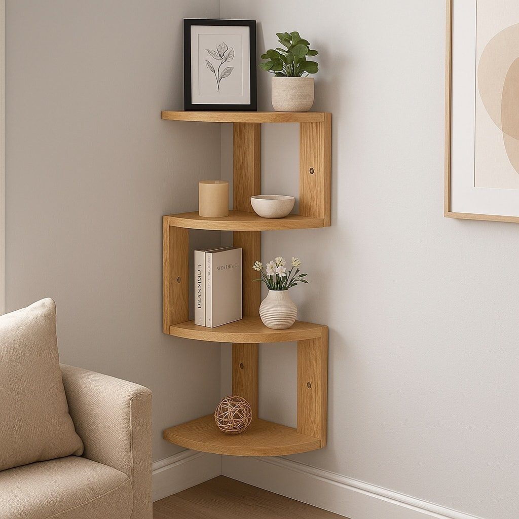 Geometric light wood corner shelves holding books, plants, and decorative objects in a bright room.