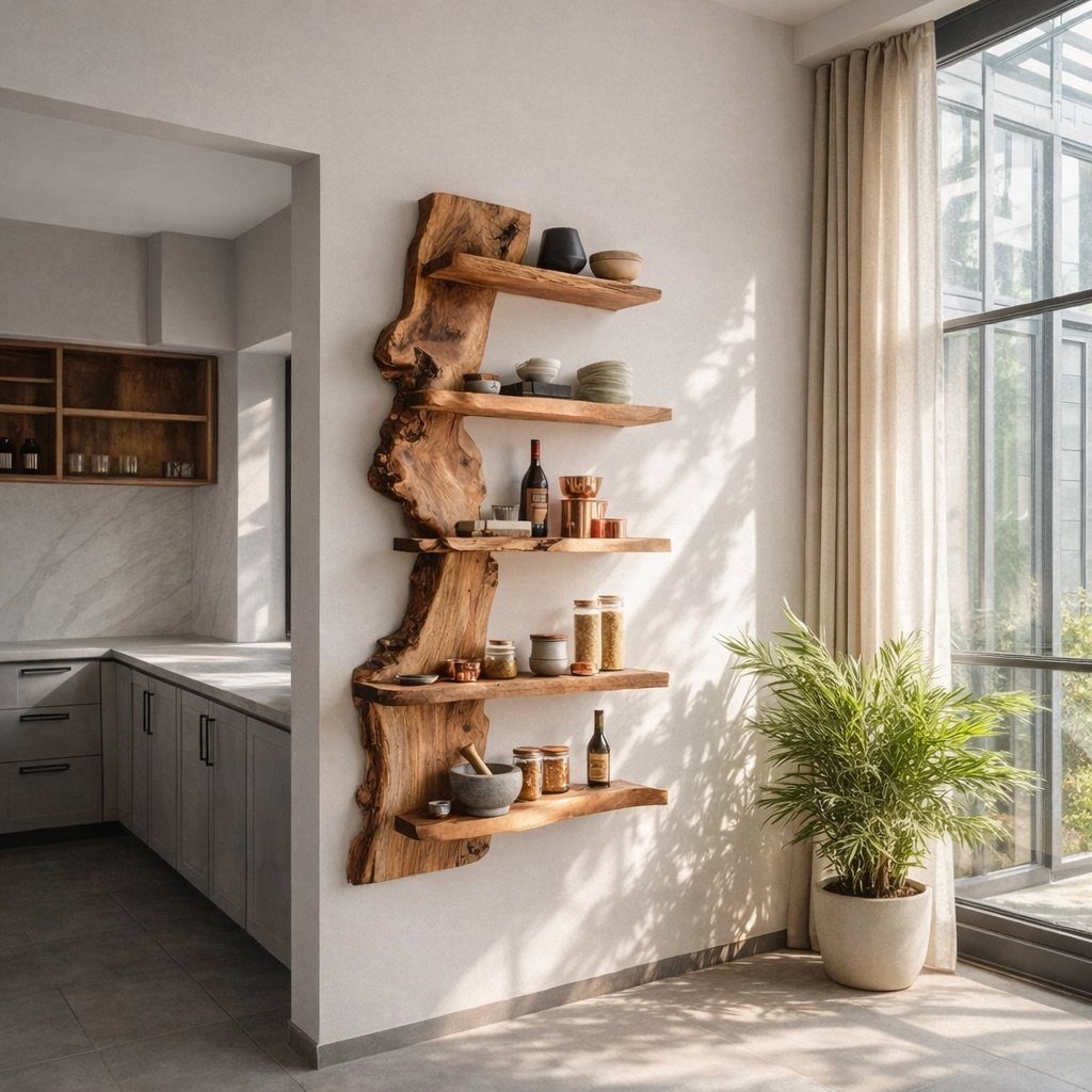 Rustic live-edge wooden shelves holding ceramic bowls and glass jars on a white wall.
