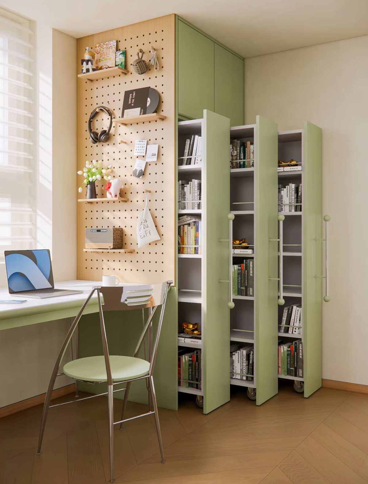 Light green built-in storage unit with bookshelves, a pegboard, and a desk with a chair.