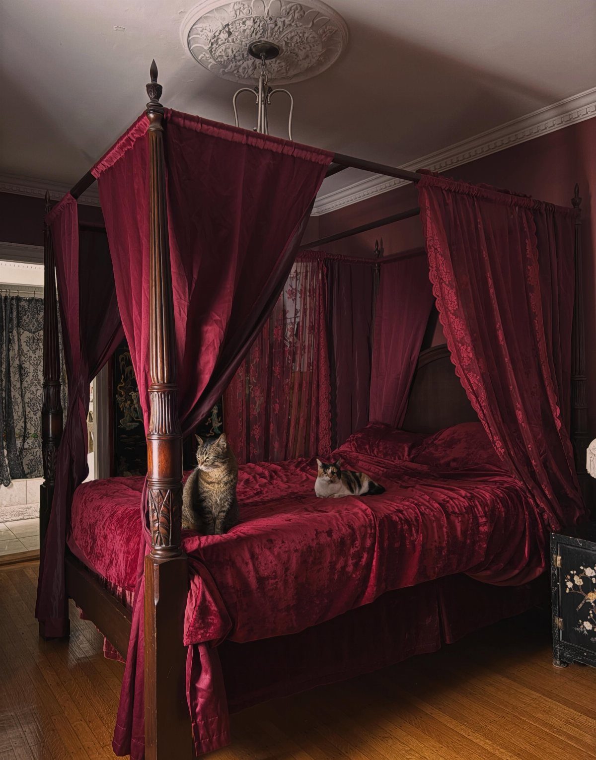 A dark wood canopy bed with red velvet curtains and two cats resting on top.
