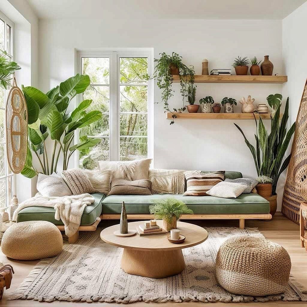 A cozy living space with a green sofa, wooden coffee table, woven poufs, and indoor plants.