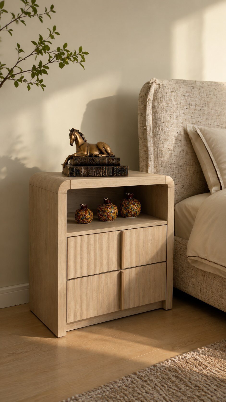 A light wood rounded nightstand with decorative objects next to a beige upholstered bed.