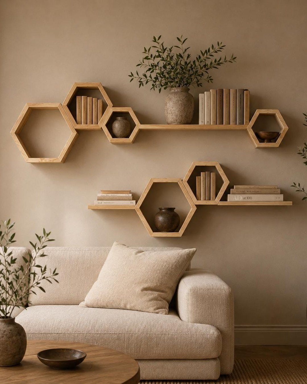 Hexagonal wooden floating shelves holding books and ceramic vases on a beige wall above a sofa.