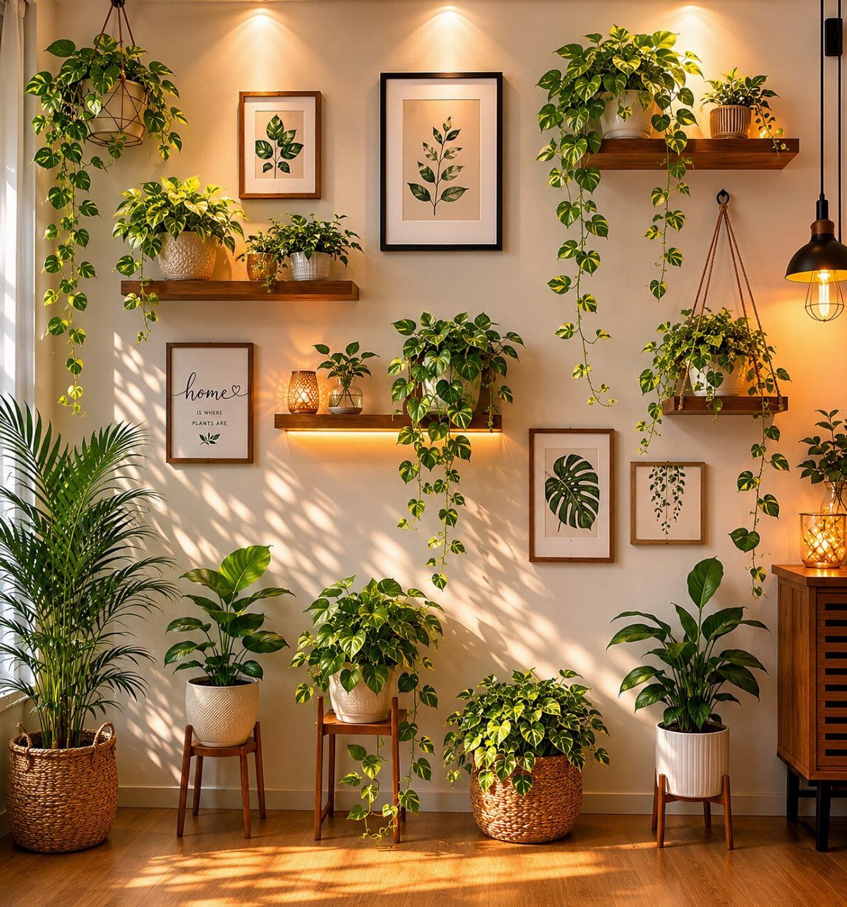 Green indoor plants in various pots arranged on shelves and the floor against a white wall.