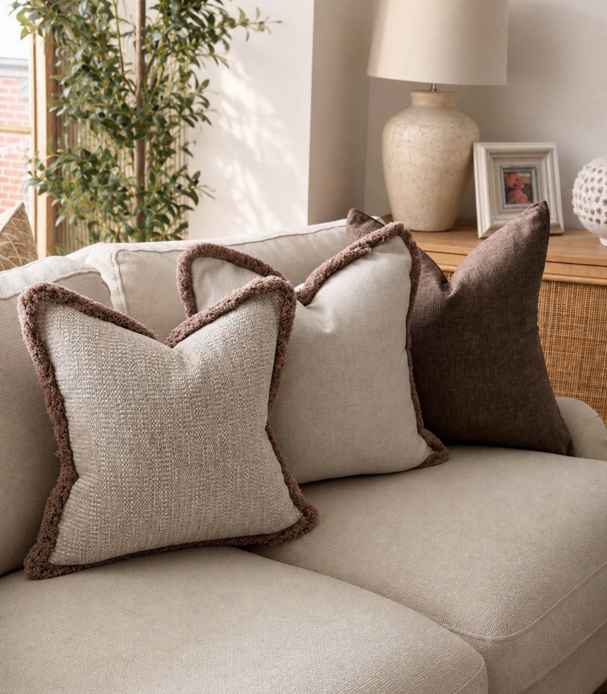 Textured throw pillows in neutral tones arranged on a light fabric sofa.