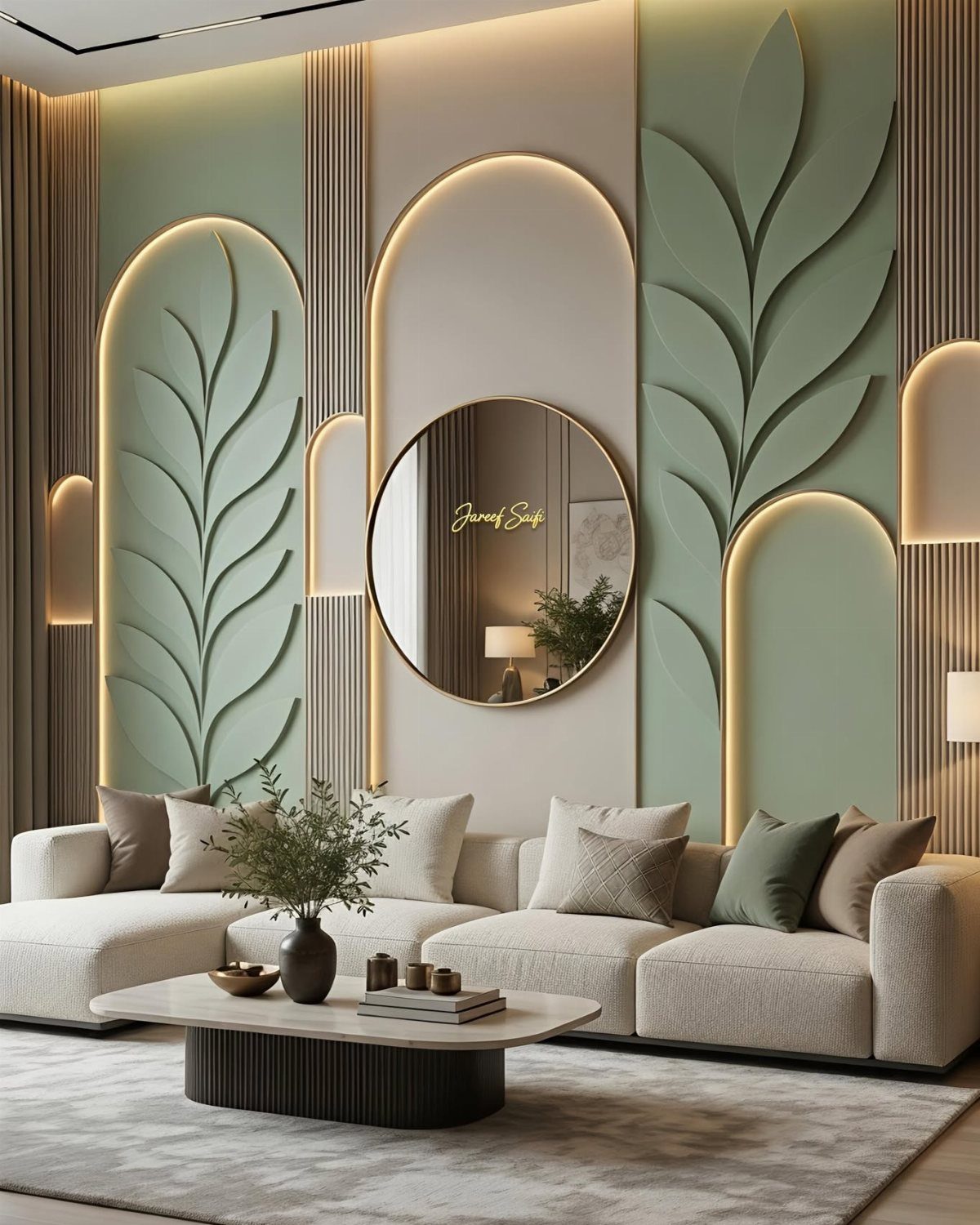 Modern living room with a sage green and beige decorative accent wall featuring arched lighting.