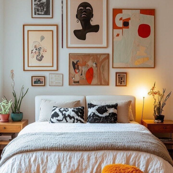 Framed abstract art pieces arranged on a white wall above a bed with white linens.
