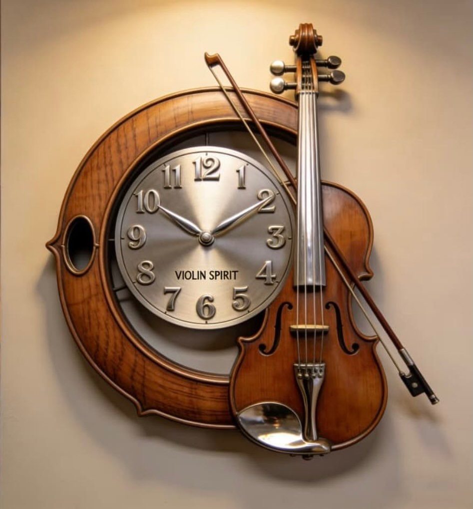 A wooden violin-shaped wall clock with a silver face and miniature violin and bow.