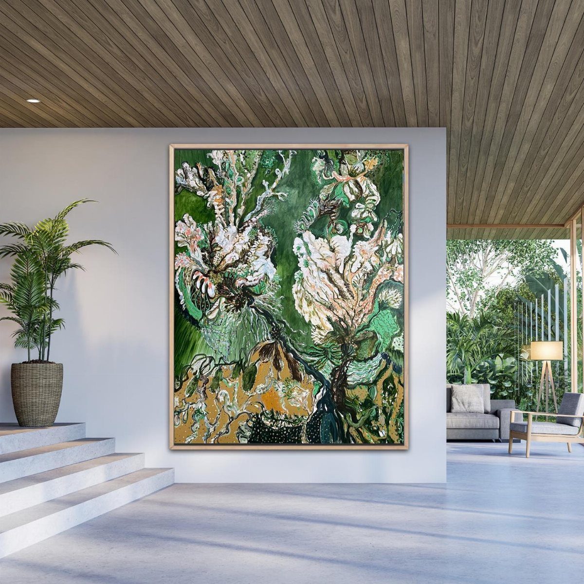 Large abstract green and gold floral painting hanging on a white wall in a modern room.
