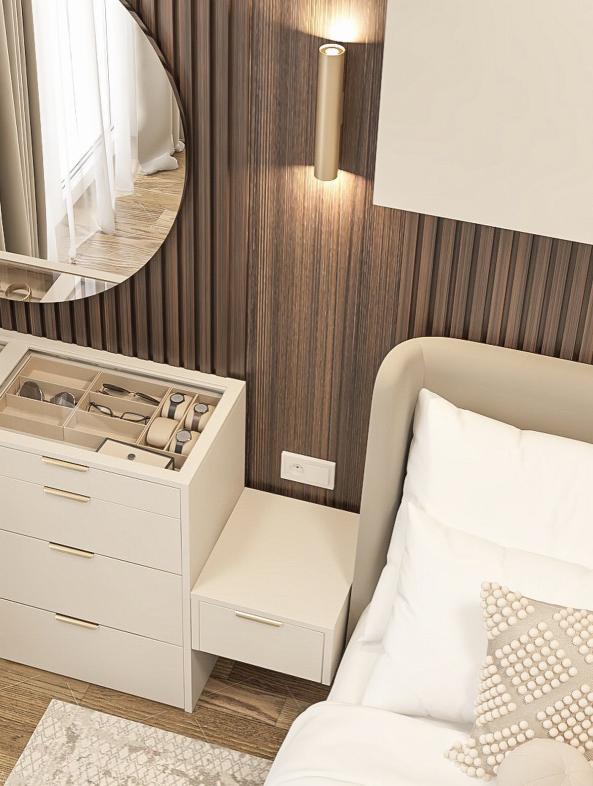 Organized white dresser and beige bed against a dark wood slatted wall.