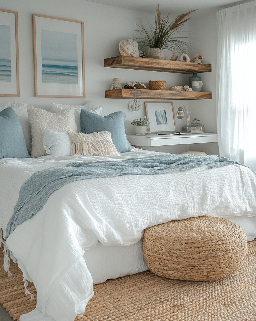 A white bed with blue accents, wooden shelves, and a woven jute rug in a bright room.