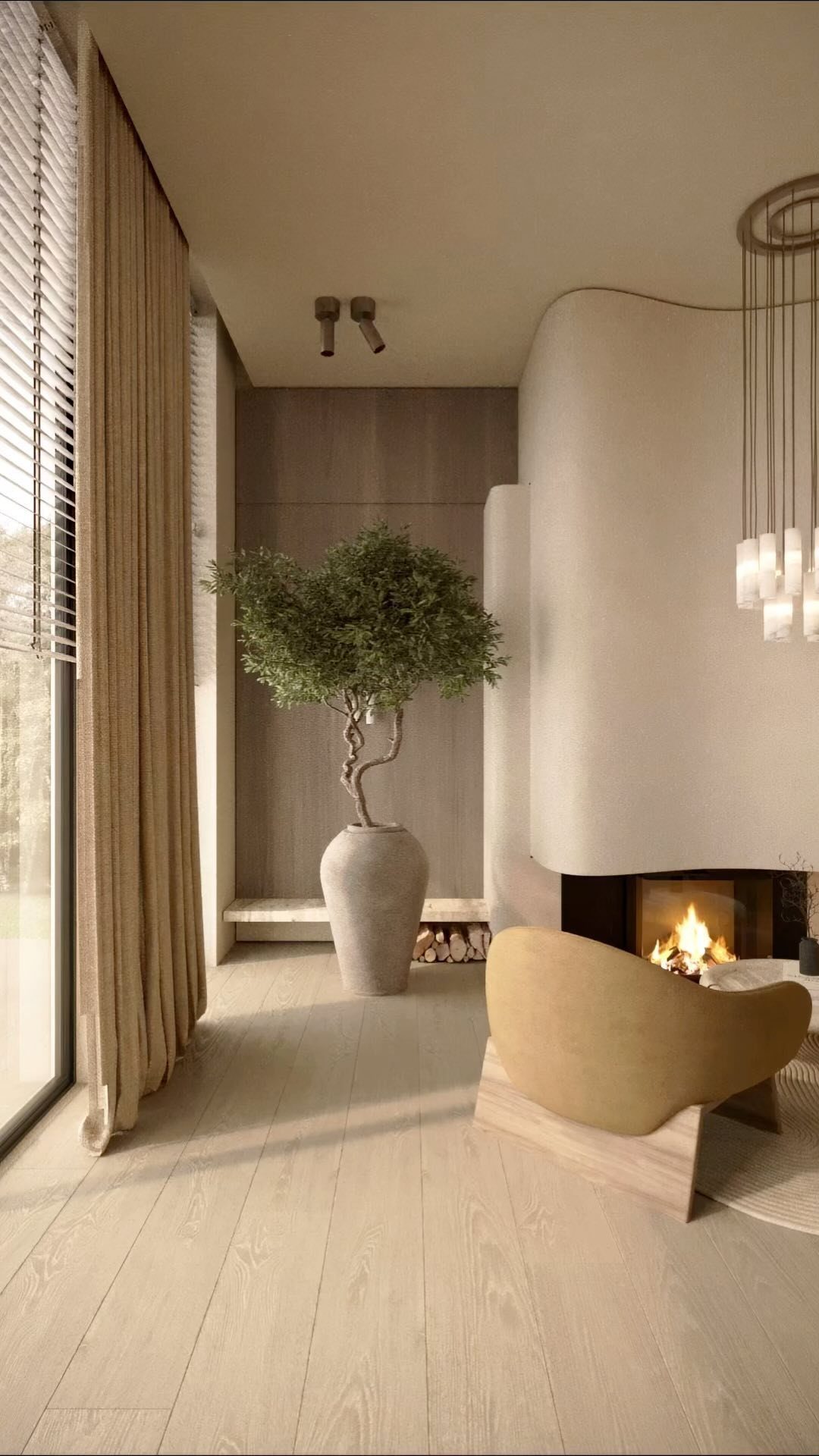 A tan lounge chair sits near a modern curved fireplace and a large potted tree.