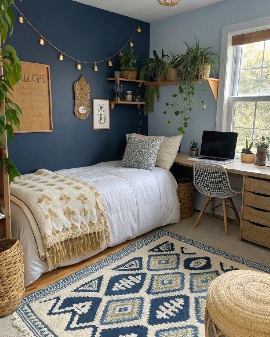 A small bedroom with a navy blue wall, single bed, desk, and indoor plants.